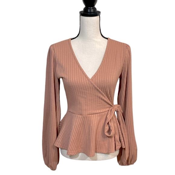Peach Love California Faux Wrap Ribbed Knit Top - Picture 2 of 8